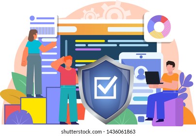 PC, mobile personal data protection. People stand near big screen, phone, shield. Poster for social media, web page, banner, presentation. Flat design vector illustration