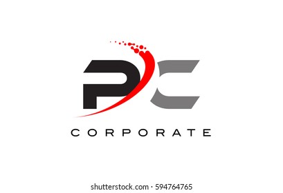 PC Modern Letter Logo Design with Red Swoosh and Dots