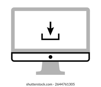 PC Monitor with download sign on it screen icon, on transparent background, flat line design, vector illustration