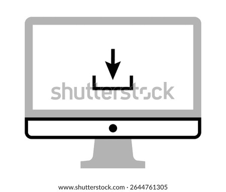 PC Monitor with download sign on it screen icon, on transparent background, flat line design, vector illustration