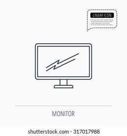 PC monitor icon. Led TV sign. Widescreen display symbol. Linear outline icon. Speech bubble of dotted line. Vector