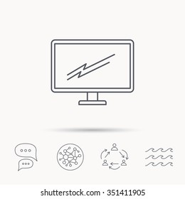PC monitor icon. Led TV sign. Widescreen display symbol. Global connect network, ocean wave and chat dialog icons. Teamwork symbol.