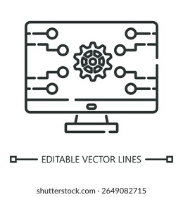 Pc monitor linear icon. Pc monitor icon with gear and circuit connections, ideal for tech repair websites, electronic repair services, or computer software concepts.