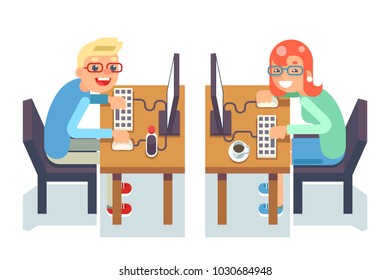 PC monitor programmer gamer chair table guy girl isolated icon flat design character vector illustration