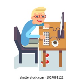 PC monitor programmer gamer table chair guy isolated isometric icon flat design character vector illustration