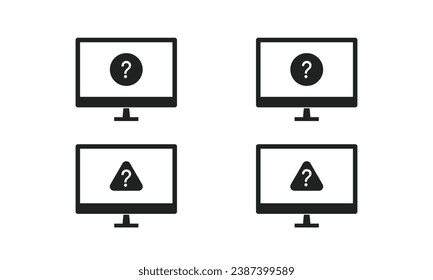 PC monitor with question sign on screen vector icon set. Warning sign on computer monitor design.