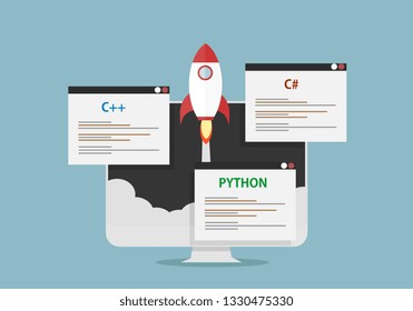 pc monitor with rocket and programing languages pop up c++, c sharp and python