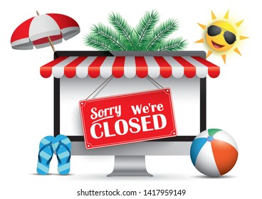 PC monitor with sunshade and sign Sorry, We Are Closed. Eps 10 vector file. 