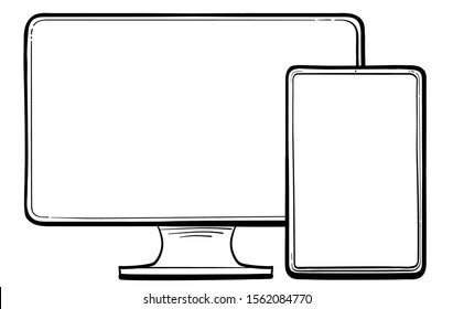 PC Monitor and Tablet Computer Hand Drawn Vector Icon