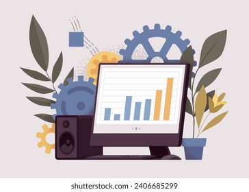 PC Monoblock-Bildschirm mit statistischen Finanzgrafiken. Charts zur Verfolgung, Analyse von Daten, Meldung von Geschäftsergebnissen, Einkommensüberwachung, Jahresbericht. Vektorgrafik, Zahnräder, Blatt, musikalischer Hintergrund