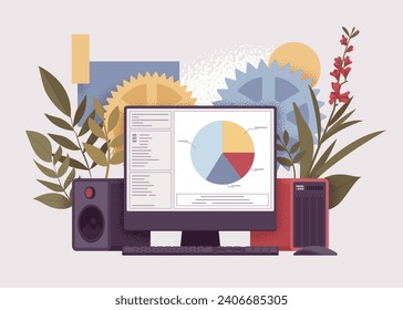 PC monoblock screen, statistic financial pie chart. Finance policy service to track, analyze data, business result, income monitoring, report. Vector illustration, gear, leaf, music column background