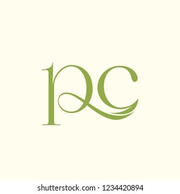 PC monogram logo.Typographic green color icon.Letter p and letter c with leaf, isolated on light background.