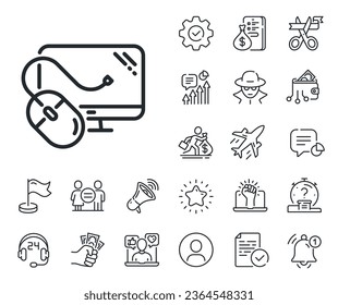 PC-Mauszeichen Salaryman, Gleichstellung der Geschlechter und Warnglocken umreißen Symbole. Symbol der Computerlinie. Symbol überwachen. Mauszeilenzeichen des Computers. Spy oder Profil-Platzhalter-Symbol. Vektorgrafik