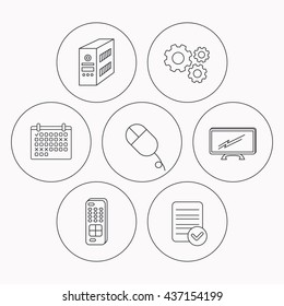 PC mouse, TV remote and computer icons. Widescreen TV linear sign. Check file, calendar and cogwheel icons. Vector