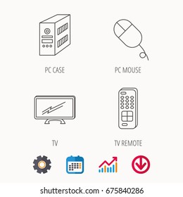 PC mouse, TV remote and computer icons. Widescreen TV linear sign. Calendar, Graph chart and Cogwheel signs. Download colored web icon. Vector