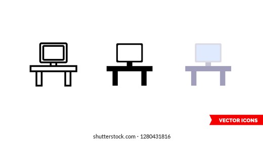 Pc on desk icon of 3 types: color, black and white, outline. Isolated vector sign symbol.