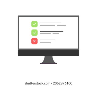 PC with online quiz form checklist on screen. Choice and survey. Illustration of checklist online in website, choice and quiz exam list.