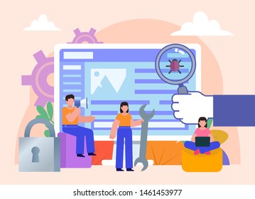 PC, protección de Sitio web en línea contra ataques Ddos, seguridad. Grupo de personas de pie cerca de la pantalla grande. Ilustración vectorial de diseño plano. Afiche para redes sociales, página de Web, Anuncio, presentación