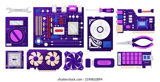 PC-Teile. Reparatur des Computerantriebs. Repariere harten Widder. Hardware bg. Flache Satakarte. Workshop-Service. Draufsicht auf Prozessor oder Hauptplatine. Arbeitstool für Techniker. Laptop-Komponente. Vektor-Kollektion