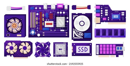 PC-Teile. Computerhardware-Sammlung. Prozessorchip und Hauptplatine. Technischer Adapter. Netzwerkausrüstung. Workshop-Service. HDD und Kühler. Laptop-Komponenten. Vektorgrafik-Set