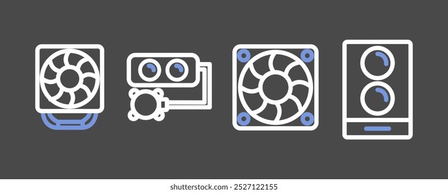 Símbolo de peças de PC - símbolo de ícone de refrigerador de CPU moderno, refrigerador de líquido, caixa e ventiladores de ar