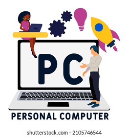 PC - Akronym für Personal Computer. Hintergrund des Unternehmenskonzepts.  Vektorgrafik-Konzept mit Schlagwörtern und Symbolen. Buchstabengrafik mit Symbolen für Webbanner, Flyer, Landing Page