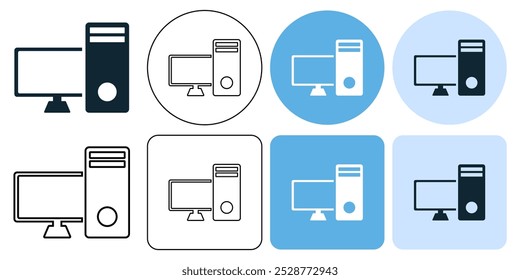 pc ou computador pessoal, dispositivo de hardware, com caixa de pc e monitor vetor pictograma ícone símbolo ícone símbolo de i e ux design, glifos e traço linha