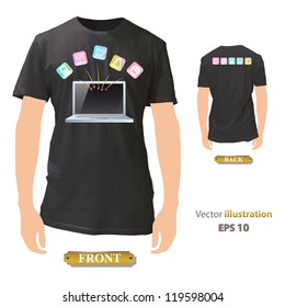 PC printed on black shirt.