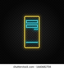 Pc, procesador. Icono vector neón azul y amarillo. Fondo transparente