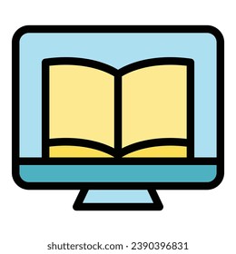 Pc reading book icon outline vector. Digital online. Education school color flat
