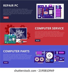 PC repair. Computer service web banners set. Hardware components. Desktop network. Modern electronic part store flyer. Chip circuit. Processor and motherboard. Vector flat horizontal background design