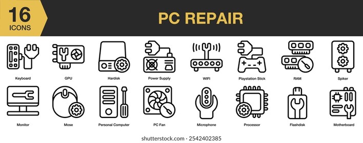 Conjunto de ícones do Pc Repair. Inclui flashdisk, Gpu, hardisk, teclado, microfone, monitor e muito mais. Contornar coleção de vetores de ícones.