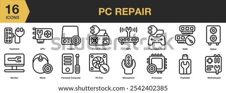 Pc Repair icon set. Includes flashdisk, Gpu, hardisk, keyboard, microphone, monitor, and More. Outline icons vector collection.