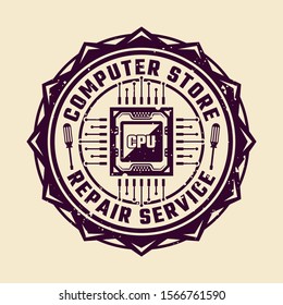 PC repair service vector round emblem or badge with computer CPU isolated colored illustration