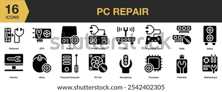 Pc Repair solid icon set. Includes flashdisk, Gpu, hardisk, keyboard, microphone, monitor, and More. Solid icons vector collection.