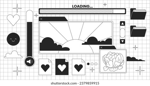 Pc retro y2k desktop black and white lofi wallpaper. Nostalgic computer interface 2D outline scene cartoon flat illustration. Upload files. Sunshine, peony vector line lo fi aesthetic background