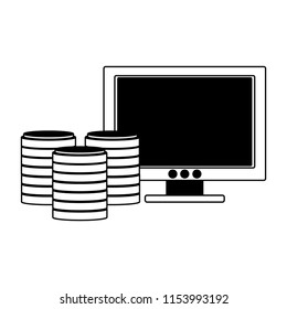 PC screen with disks storage in black and white