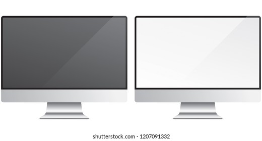 PC screen isolated on background. Black and white glossy monitors, vector illustration. Set of modern and sleek display.