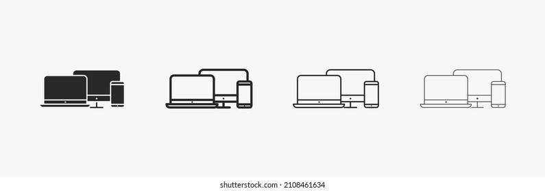 Pantalla de PC, portátil e icono de línea de smartphone. Icono lineal para el diseño web. Bordes negros con trazo editable para la interfaz de usuario. Símbolo de dispositivos electrónicos. Ilustración del vector