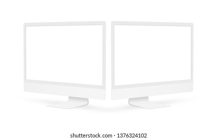 PC screen mockup with perspective view. Clay computer monitors with blank screens isolated on white background. Vector illustration