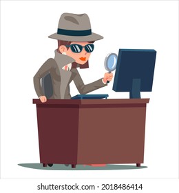 PC search woman snoop detective magnifying glass tec agent online design cartoon vector illustration