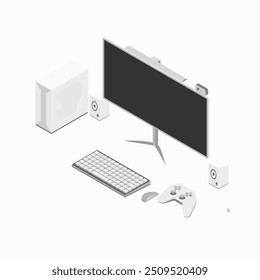 PC-Setup isometrisches Design monochrom mit mechanischer Tastatur, Gamepad und Lautsprecher