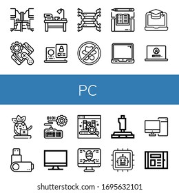 pc simple icons set. Contains such icons as Office desk, Controller, Desk, Laptop, Server, Hacker, Ebook, Screen, Usb flash drive, Keyboard, can be used for web, mobile and logo