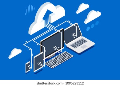 Pc software upload of user data to cloud storage on remote device. Isometric clipart, sticker or icon for web banner, infographics, hero images. Flat isometric vector.