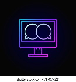 PC with speech bubbles colorful icon. Vector online courses concept linear sigh or logo element on dark background