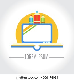 PC, sun, book and pencils. Vector logo template educational institution, school, College.