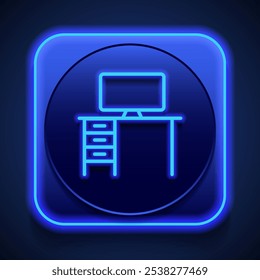 Pc table simple icon vector. Flat design. Blue neon style on button. With shadow.ai