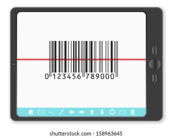 PC tablet with barcode scanner on a white background.