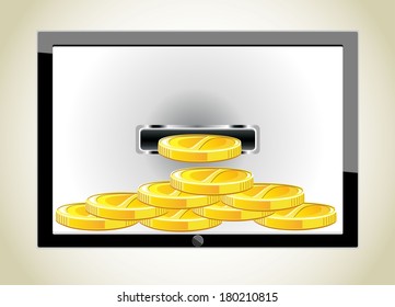 PC tablet with stacks of golden coins