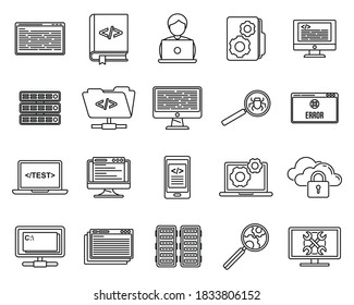 Pc testing software icons set. Outline set of pc testing software vector icons for web design isolated on white background